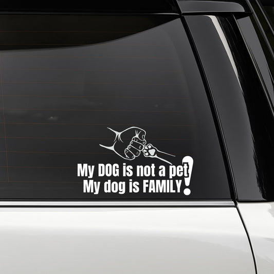 Dog family car window decal with fist bump and paw print design in various colors, made of durable vinyl sticker.