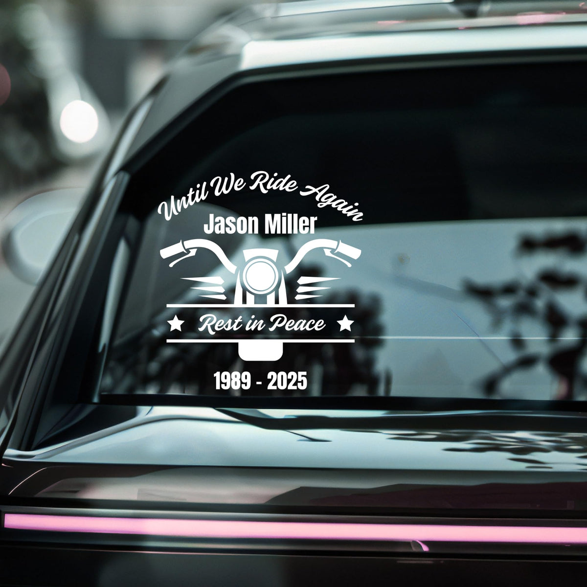 Blue motorcycle memorial decal from Nostalgi Factory, 6-inch vinyl sticker with "Until We Ride Again" and custom name and dates.