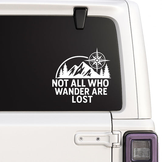 Blue 6-inch vinyl decal featuring mountain compass design with "Not All Who Wander Are Lost" text, ideal for RVs, campers, and ATVs.