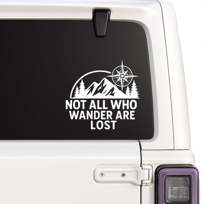 Blue 6-inch vinyl decal featuring mountain compass design with "Not All Who Wander Are Lost" text, ideal for RVs, campers, and ATVs.