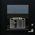Vinyl business hours sign decal with Monday-Saturday schedule in various colors, designed for door display by Nostalgi Factory