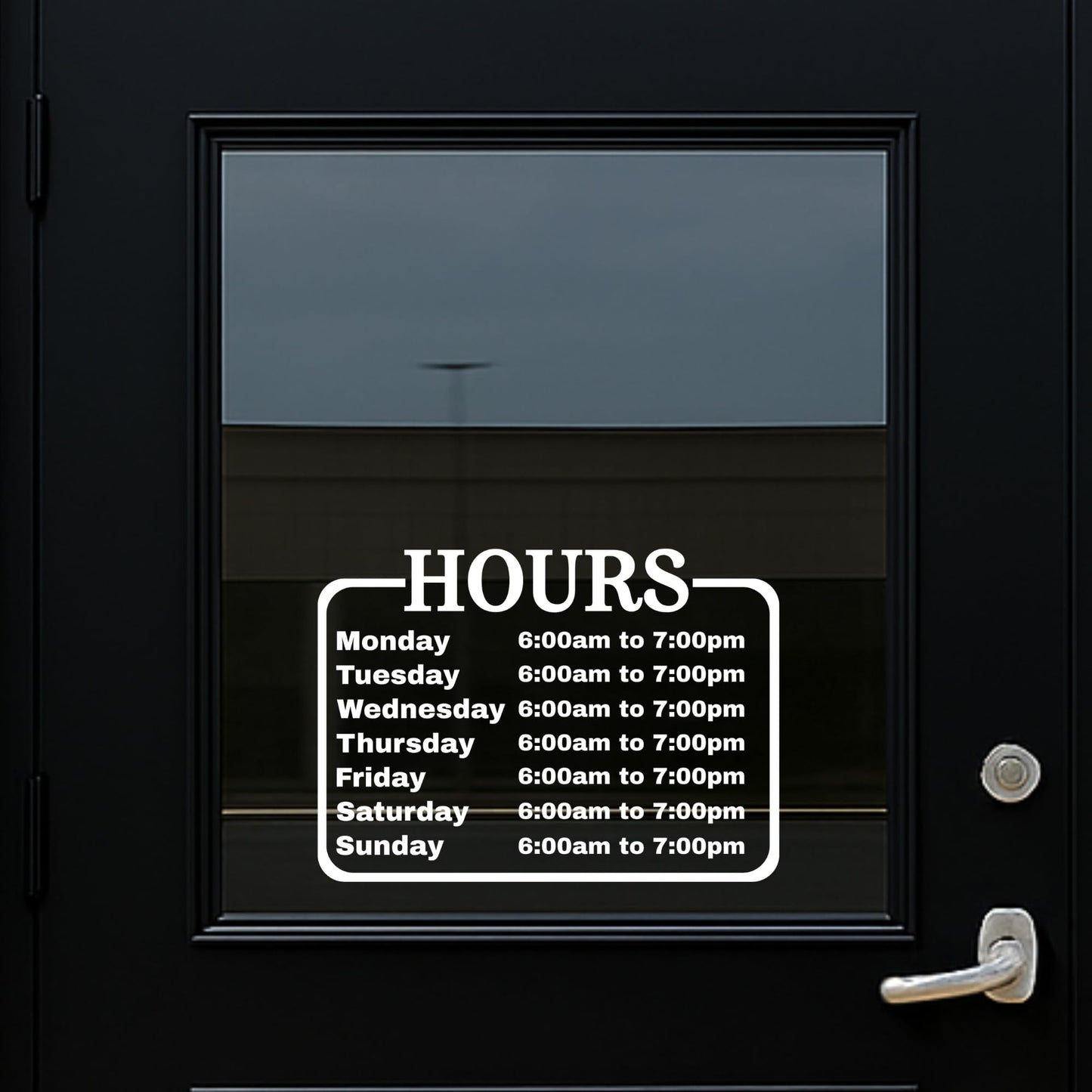 Vinyl business hours sign decal with Monday-Saturday schedule in various colors, designed for door display by Nostalgi Factory