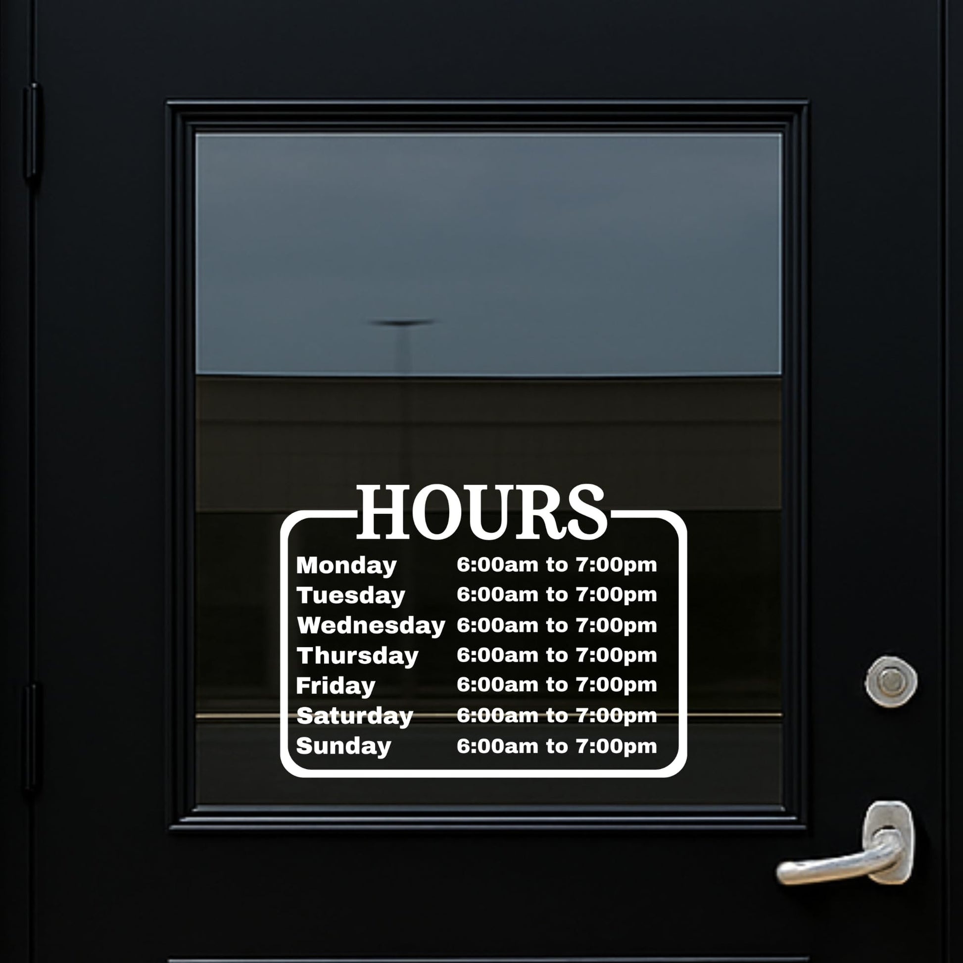 Vinyl business hours sign decal with Monday-Saturday schedule in various colors, designed for door display by Nostalgi Factory