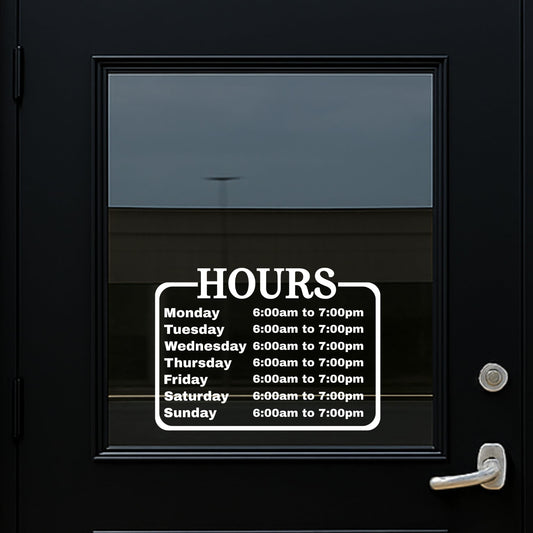 Vinyl business hours sign decal with Monday-Saturday schedule in various colors, designed for door display by Nostalgi Factory