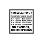 No Soliciting vinyl door decal by Nostalgi Factory, featuring 8 color options, for front door with "Do Not Ring Bell or Knock" message.
