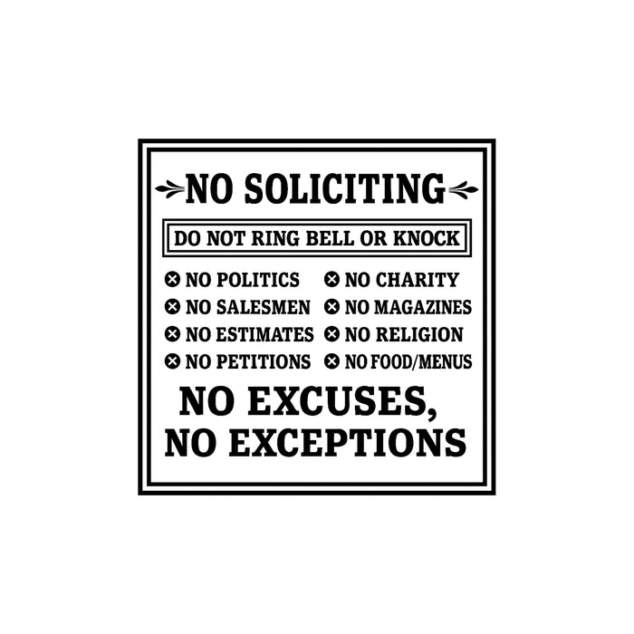 No Soliciting vinyl door decal by Nostalgi Factory, featuring 8 color options, for front door with "Do Not Ring Bell or Knock" message.