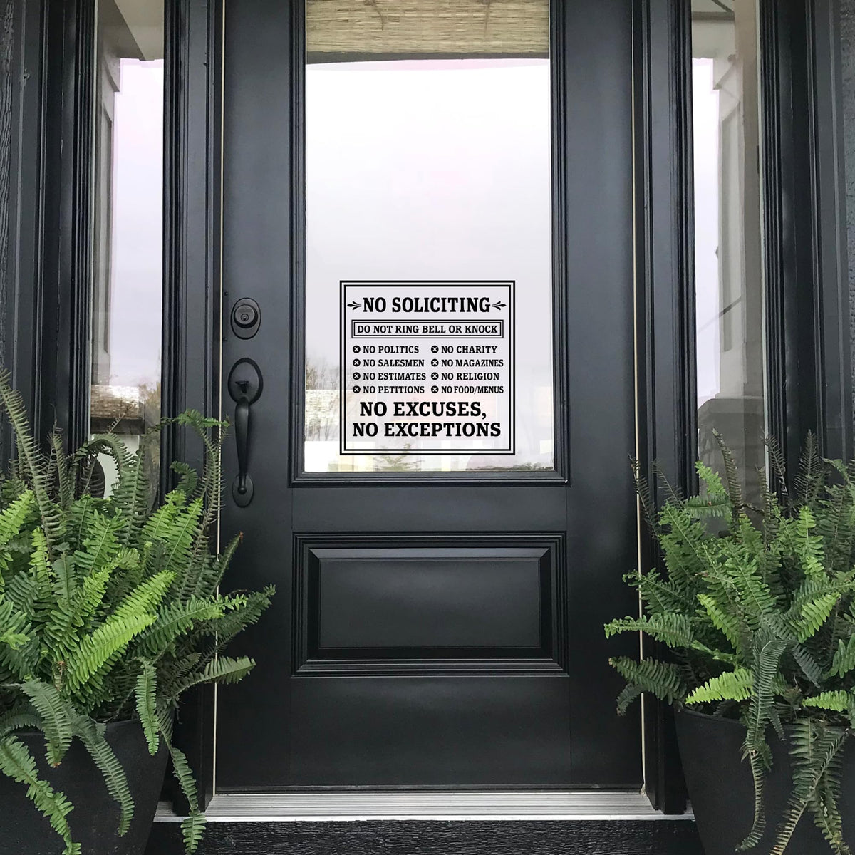 No Soliciting vinyl door decal by Nostalgi Factory, with 8 color options, indicating do not ring bell or knock on front door.