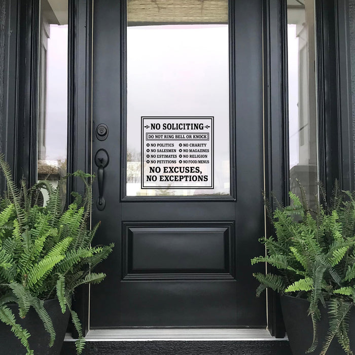 No Soliciting vinyl door decal by Nostalgi Factory, with 8 color options, indicating do not ring bell or knock on front door.