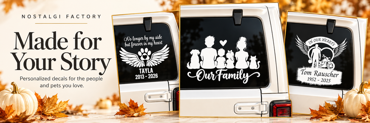 Fall desktop banner featuring Our Family, pet paw and wings memorial, and heart motorcycle memorial decals.