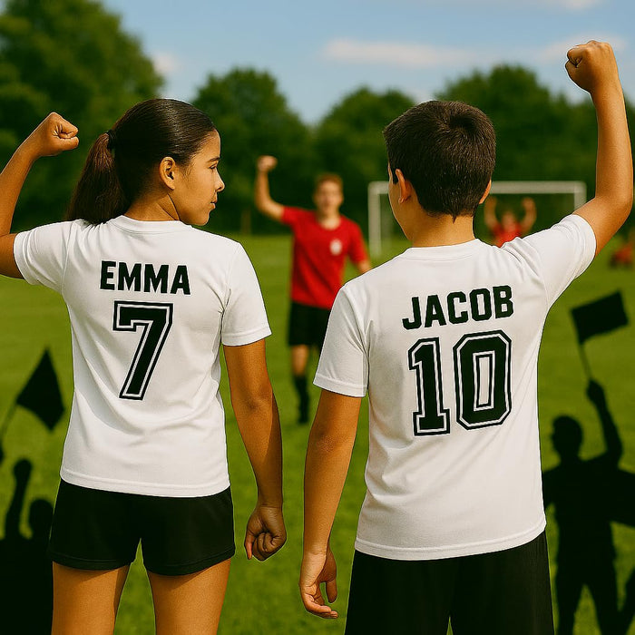 Custom jersey iron-on name and number transfer in vibrant colors on sports shirt, made with premium heat transfer vinyl.