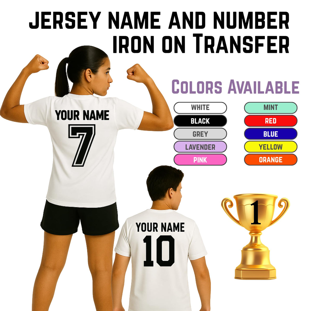Custom jersey iron-on name and number transfer in various colors, made with premium heat transfer vinyl by Nostalgi Factory.