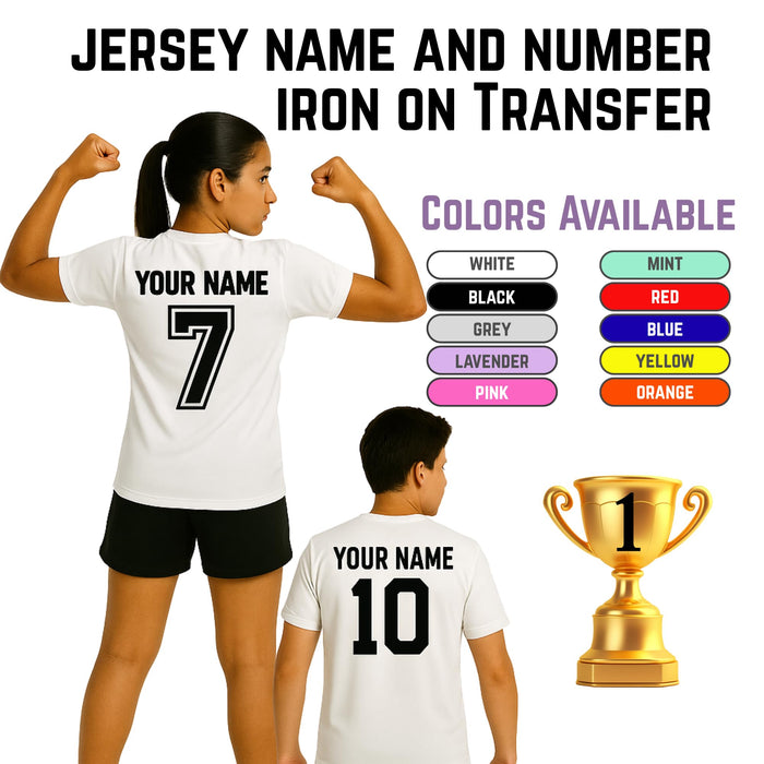 Custom jersey iron-on name and number transfer in various colors, made with premium heat transfer vinyl by Nostalgi Factory.