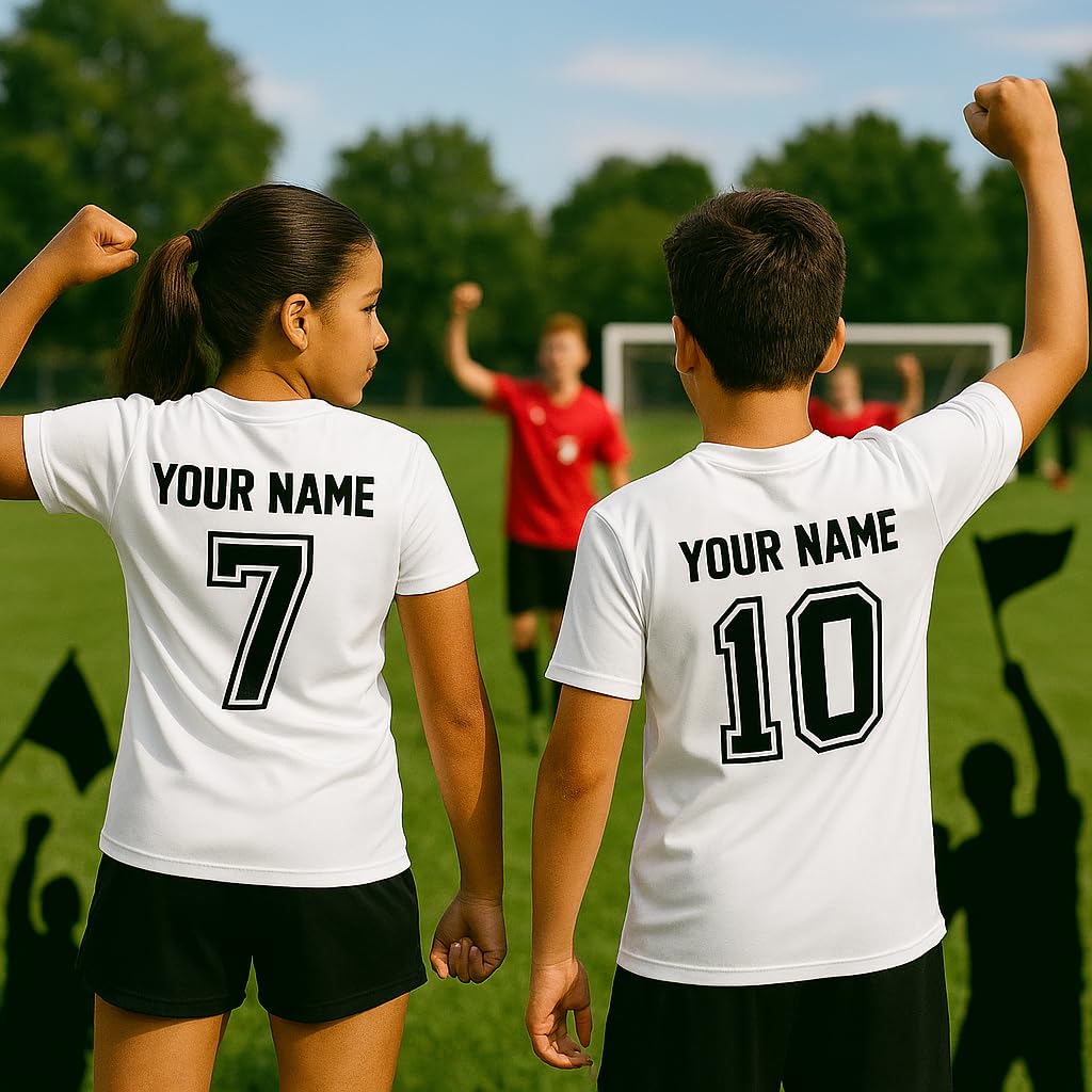 Custom Nostalgi Factory heat transfer vinyl jersey name and number decals on athlete shirt, showcasing vibrant color options and premium quality.