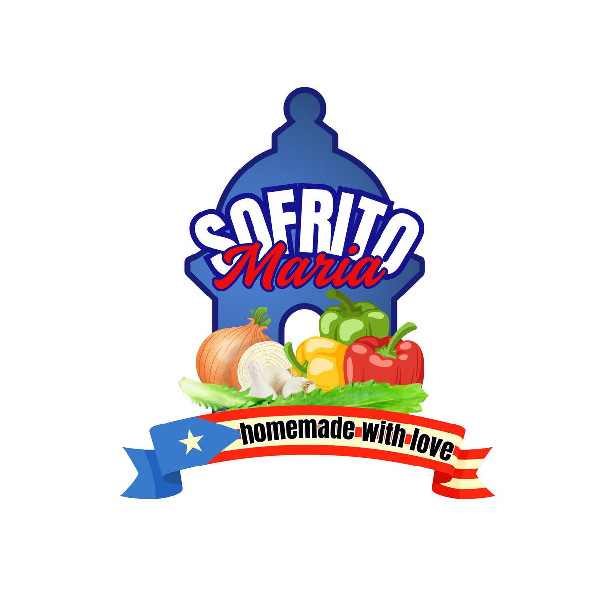 Set of six personalized Sofrito jar labels from Nostalgi Factory, colorful Puerto Rican seasoning stickers, die-cut design.