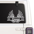 Black 6-inch Angel Wing Memorial Decal by Nostalgi Factory, personalized for memory boxes, cars, mirrors, vases, and more.