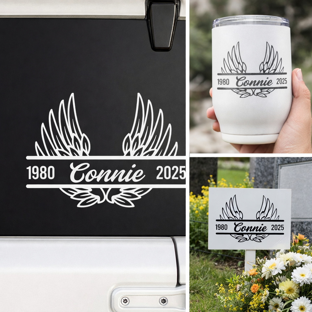 Black angel wing memorial decal by Nostalgi Factory, personalized for memory boxes, cars, mirrors, vases, and other surfaces.