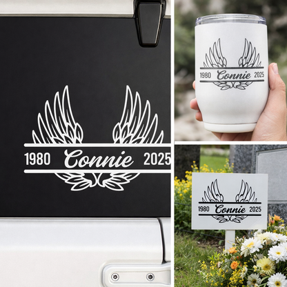 Black angel wing memorial decal by Nostalgi Factory, personalized for memory boxes, cars, mirrors, vases, and other surfaces.