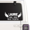 Orange angel wing memorial decal by Nostalgi Factory, 4-inch personalized design for memory boxes, cars, mirrors, and more.