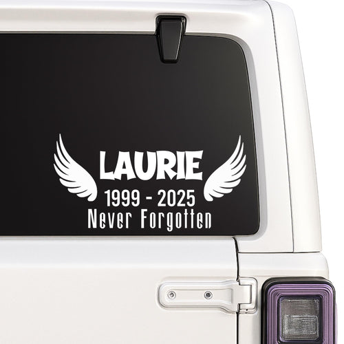 Orange angel wing memorial decal by Nostalgi Factory, 4-inch personalized design for memory boxes, cars, mirrors, and more.