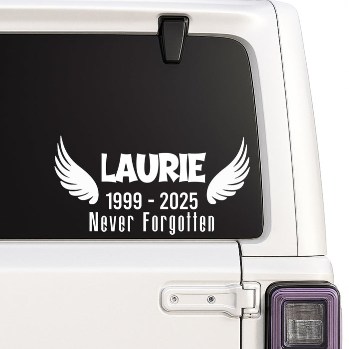 Orange angel wing memorial decal by Nostalgi Factory, 4-inch personalized design for memory boxes, cars, mirrors, and more.