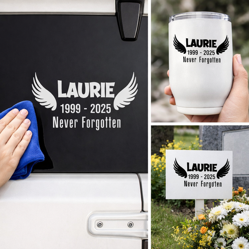 Orange angel wing memorial decal by Nostalgi Factory, 4-inch personalized memorial decal for cars, mirrors, vases, and more.