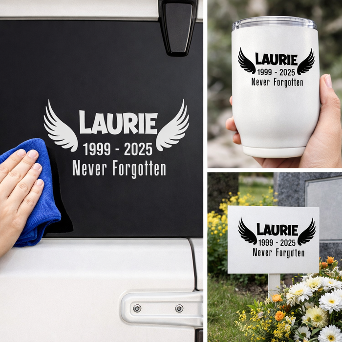 Orange angel wing memorial decal by Nostalgi Factory, 4-inch personalized memorial decal for cars, mirrors, vases, and more.