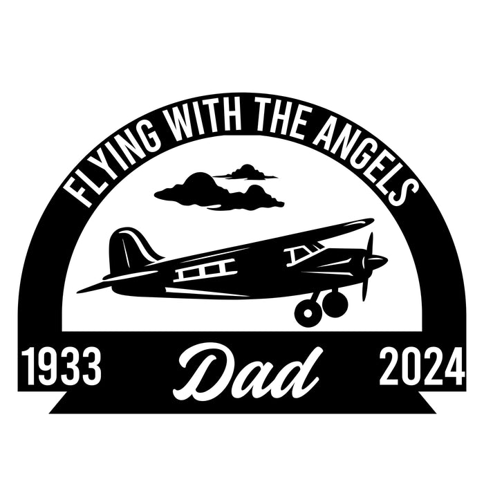 Personalized Pilot Memorial Vinyl Car Decal by Nostalgi Factory featuring a vintage airplane design and "Flying with the Angels" message.