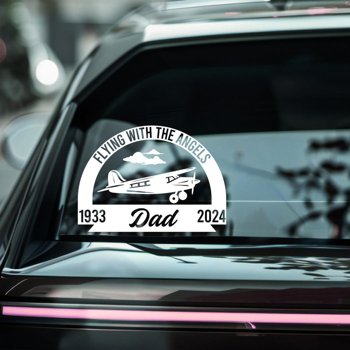 Personalized Pilot Memorial Vinyl Car Decal by Nostalgi Factory featuring vintage airplane design, flying with the angels memorial decal.