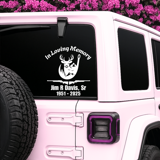 Orange deer hunting memorial decal from Nostalgi Factory, customizable with name and dates, designed for remembrance on vehicles.