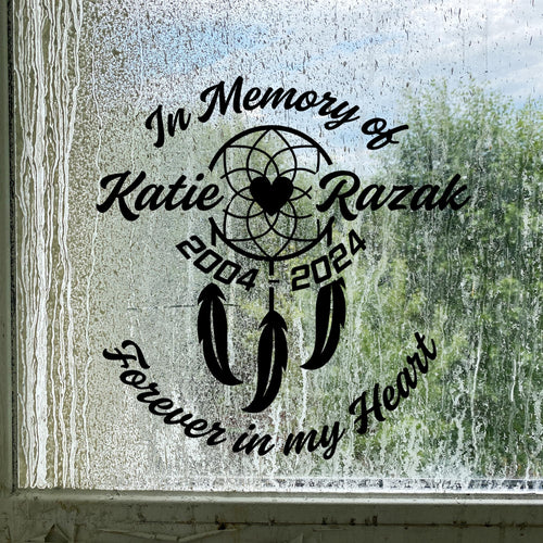 Orange 8-inch Dreamcatcher Memorial Decal by Nostalgi Factory, features "Forever in My Heart" design for car memorials.
