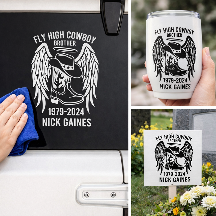 Nostalgi Factory memorial decal featuring a fly high cowboy relative design, 8-inch orange decal for memory boxes, cars, mirrors, and more.