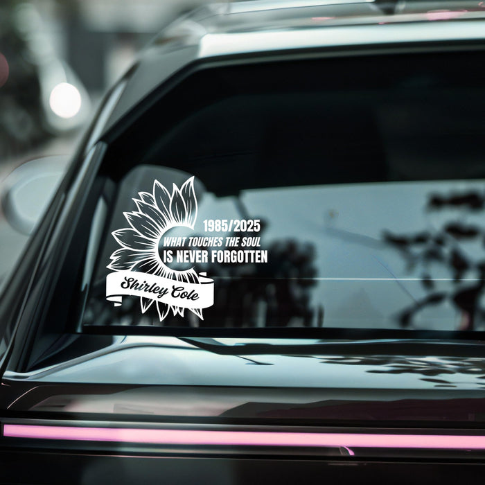 Orange sunflower memorial decal from Nostalgi Factory with custom name and quote, 8-inch car memorial decal.