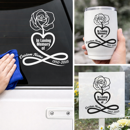 Red Rose Heart Memorial Decal by Nostalgi Factory with customizable name and dates, 5-inch adhesive memorial car decal.