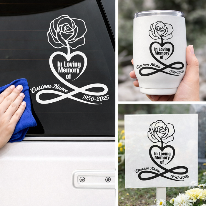 Red Rose Heart Memorial Decal by Nostalgi Factory with customizable name and dates, 5-inch adhesive memorial car decal.