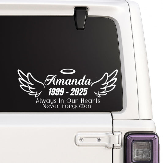 White 6-inch Angel Wing Memorial Decal by Nostalgi Factory, personalized for memory boxes, cars, mirrors, vases, and more.