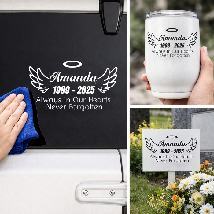 White angel wing memorial decal by Nostalgi Factory, 6-inch personalized decal for memory boxes, cars, mirrors, vases, and more.