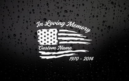 American Memorial Car Decal with American flag design, custom vinyl sticker in various colors, ideal for patriotic vehicle decoration.
