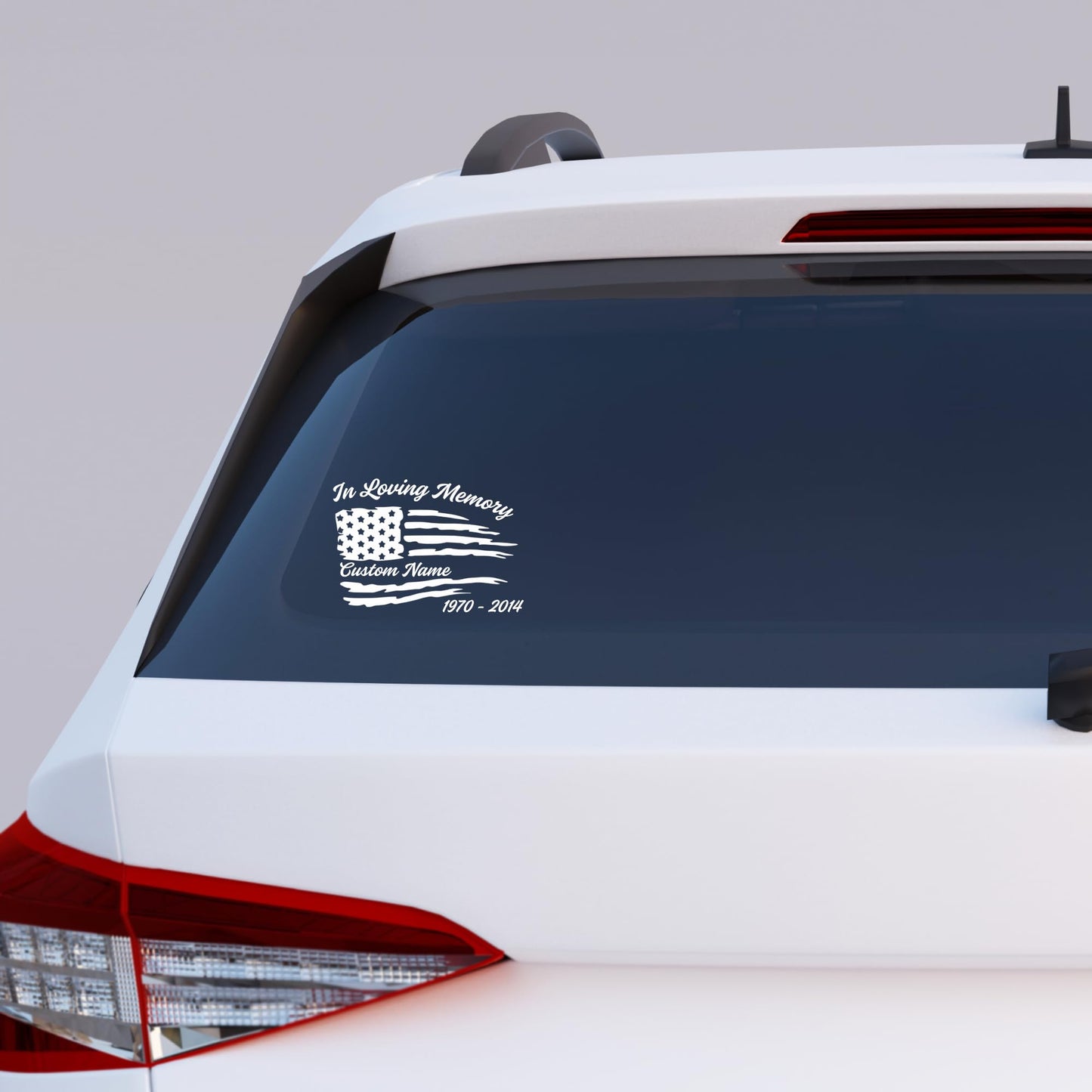 American Memorial Car Decal with American flag design, custom vinyl sticker in various colors, perfect for honoring loved ones on vehicles.