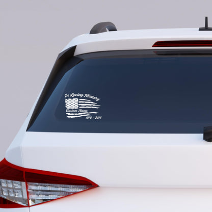 American Memorial Car Decal with American flag design, custom vinyl sticker in various colors, perfect for honoring loved ones on vehicles.