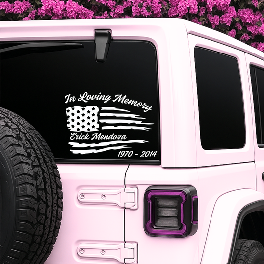 American Memorial Car Decal by Nostalgi Factory featuring an American flag design on a vinyl sticker for Jeep.