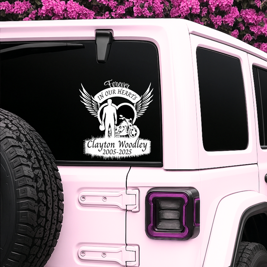 Black motorcycle memorial decal by Nostalgi Factory, 8-inch vinyl sticker with custom name and dates for remembrance.