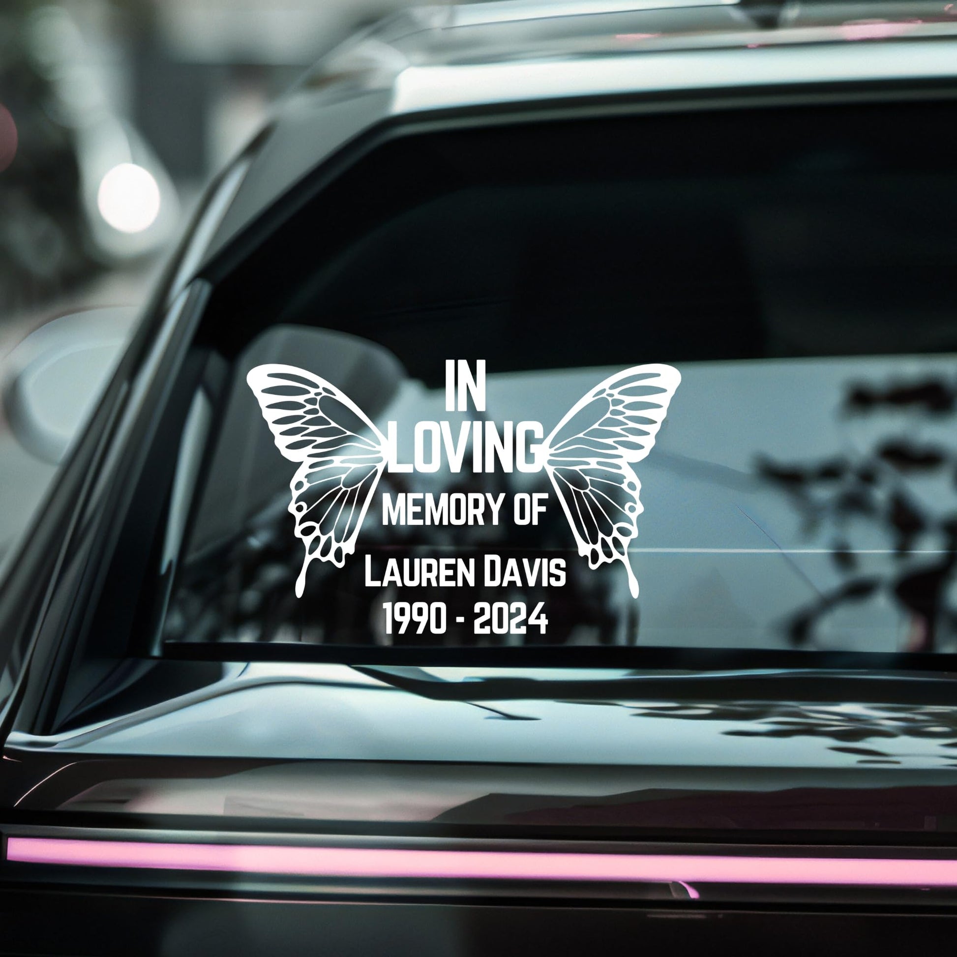 Blue butterfly memorial decal by Nostalgi Factory, 6-inch custom car decal with in loving memory, name, and dates