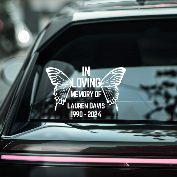 Blue butterfly memorial decal by Nostalgi Factory, 6-inch custom car decal with in loving memory, name, and dates