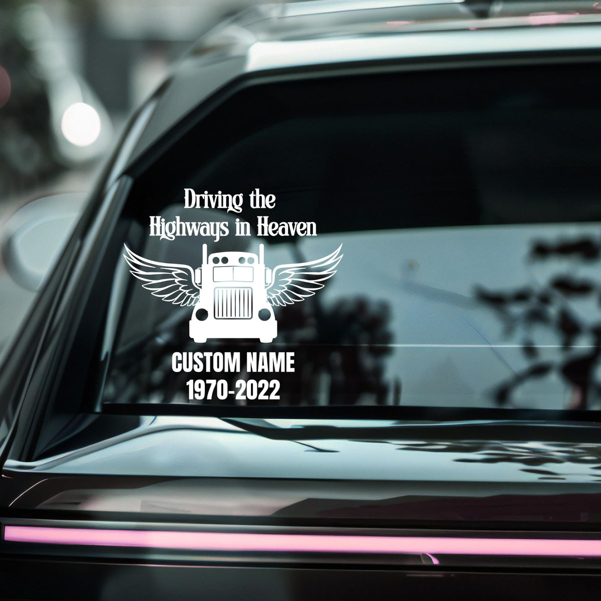 Blue Nostalgi Factory Trucker Memorial Decal, 6-inch, featuring "Driving the Highways in Heaven" with custom name for memorial cars.
