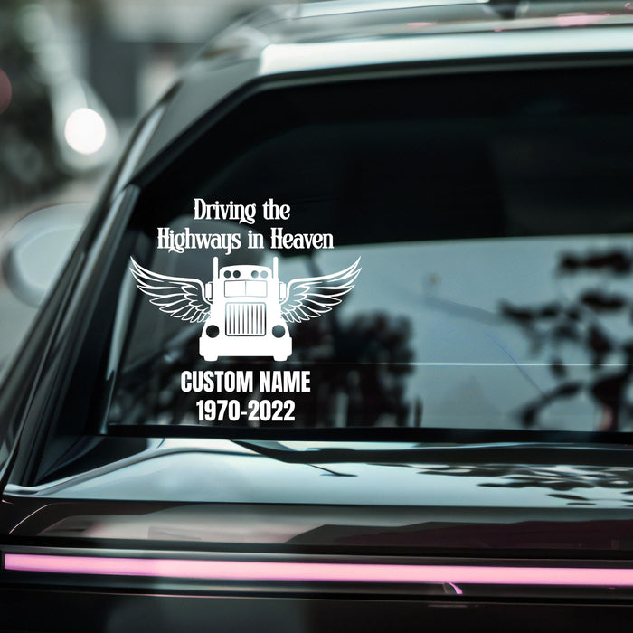 Blue Nostalgi Factory Trucker Memorial Decal, 6-inch, featuring "Driving the Highways in Heaven" with custom name for memorial cars.