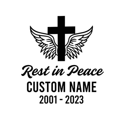 Custom memorial cross decal with angel wings, personalized vinyl sticker for in loving memory, from Nostalgi Factory.
