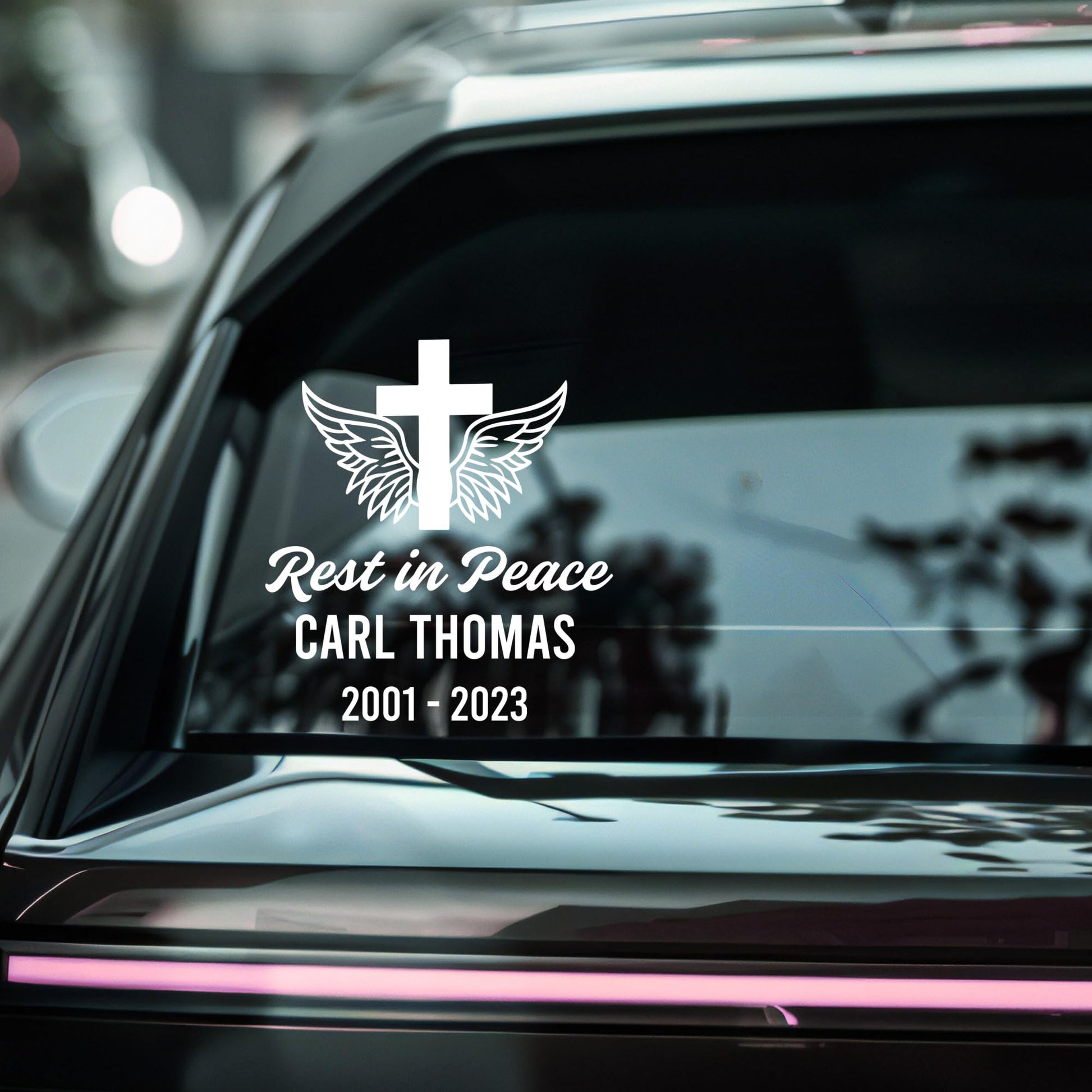 Custom memorial cross decal with angel wings, personalized vinyl sticker for remembrance, from Nostalgi Factory.