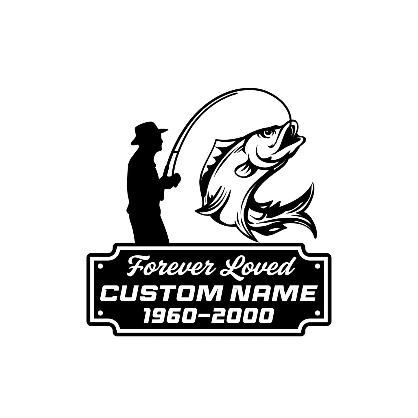 Custom memorial fishing decal by Nostalgi Factory, waterproof vinyl sticker in 5 color options featuring a fishing theme.