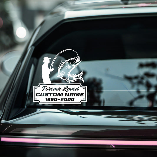 Custom memorial fishing decal by Nostalgi Factory, waterproof vinyl sticker with fishing design in five color options.