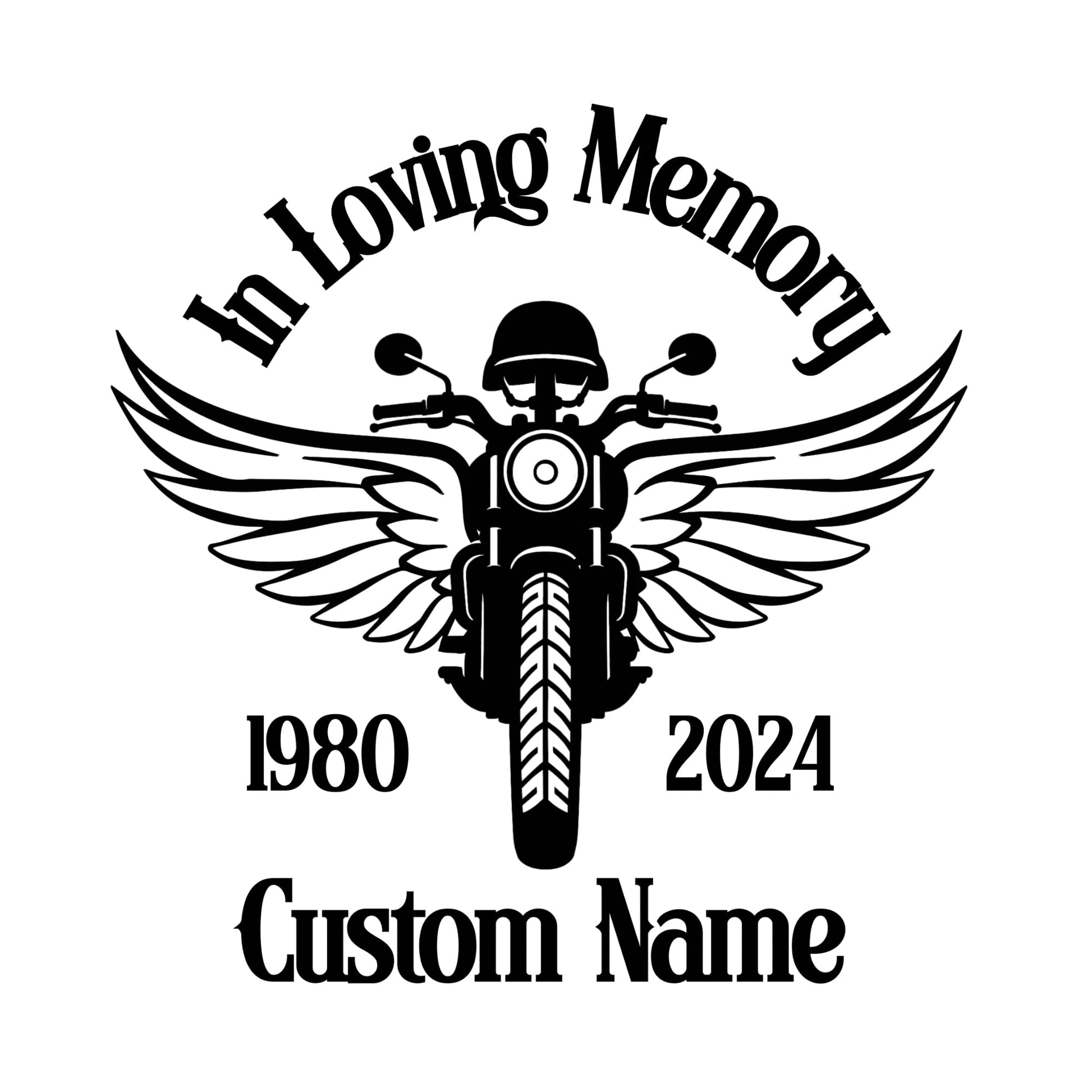 Custom memorial motorcycle decal with angel wings, personalized vinyl sticker in loving memory, designed by Nostalgi Factory.